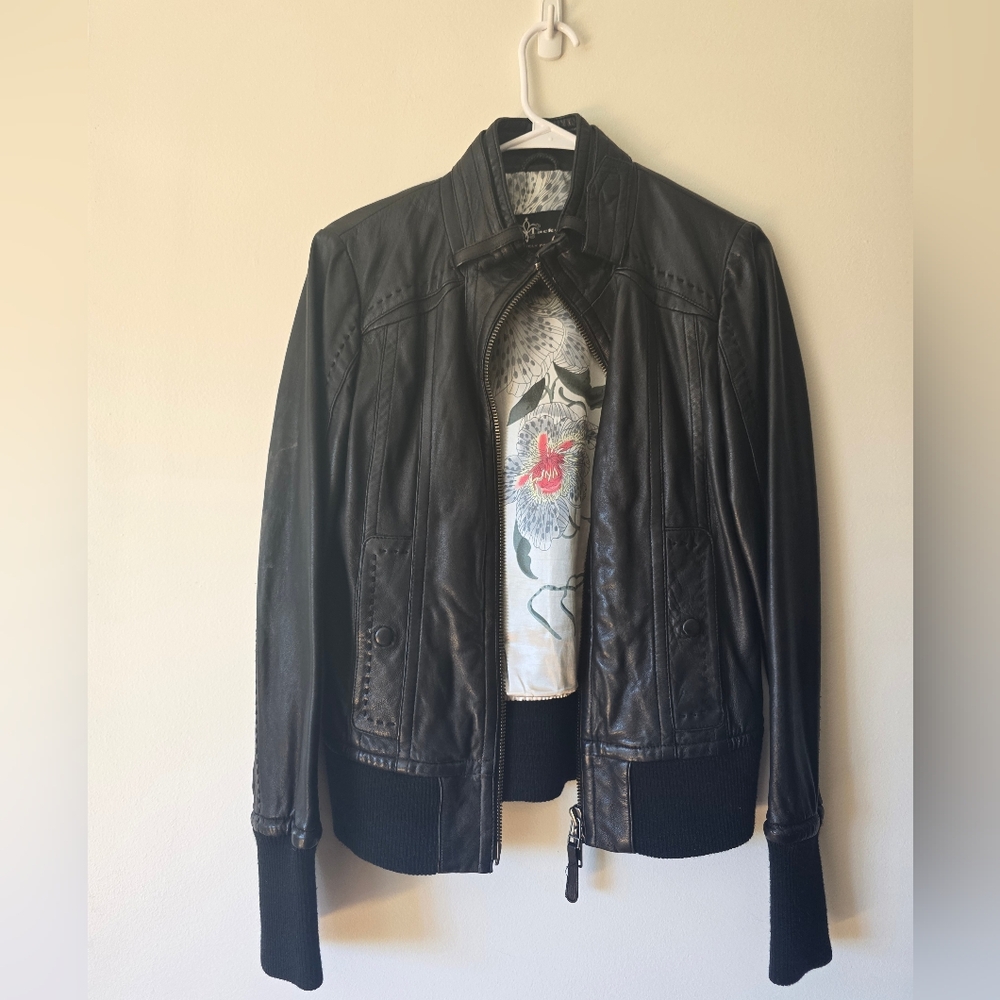 Mackage Black Leather Jacket with Floral Lining